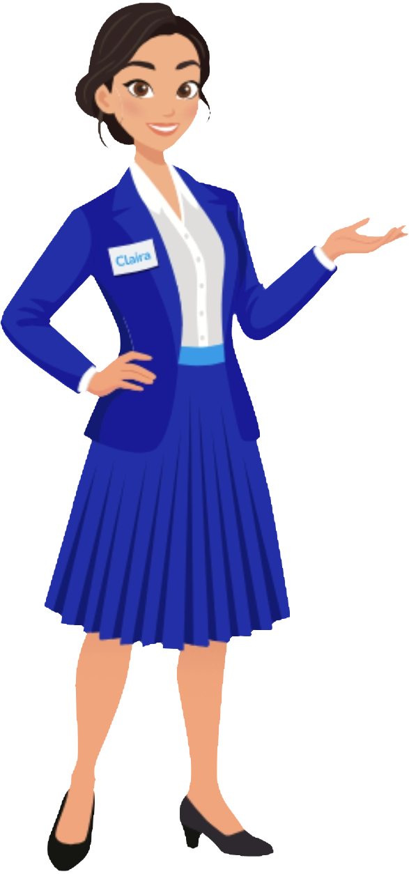 Claira Right cutout Friendly cartoon woman in a blue blazer and pleated skirt, name tag visible, gesturing as if presenting.