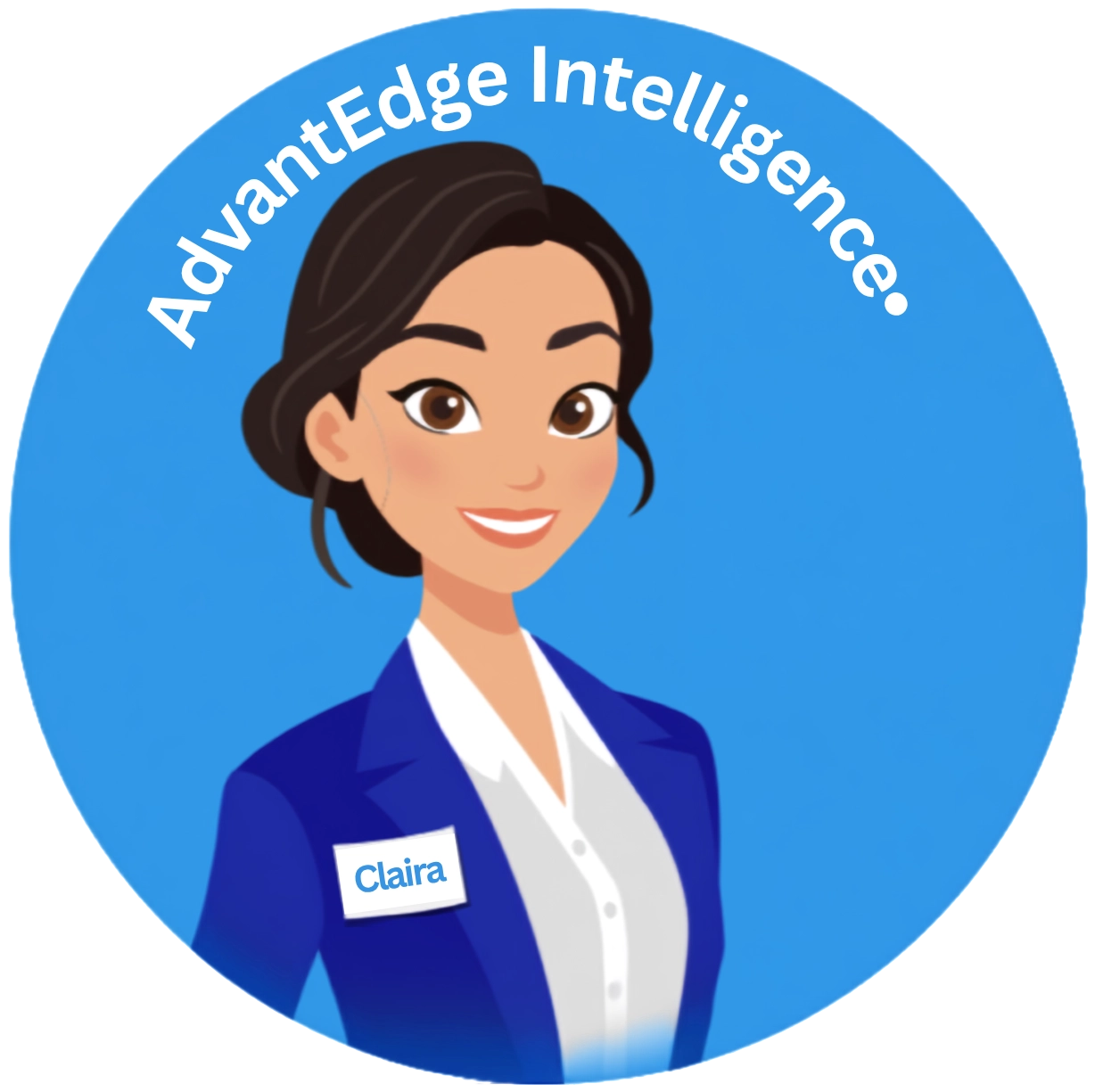 Claira head Circular badge with a cartoon woman in a blue blazer; top arc reads AdvantEdge Intelligence, name tag says Claira.
