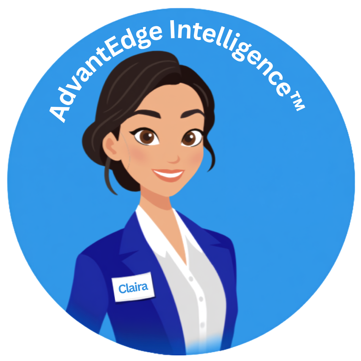 advantage-tm Circular blue badge featuring a cartoon woman in a blue blazer with a name tag that reads 'Claira', for AdvantEdge Intelligence.